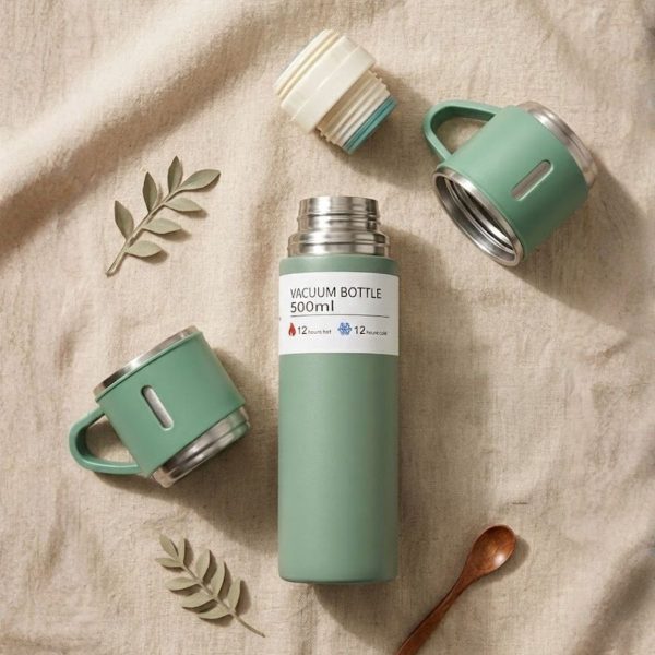 Swarg Kitchen Green Stainless Steel Vacuum Flask Set with 3 Steel Cups - Travel Friendly Hot & Cold Beverage Bottle Combo