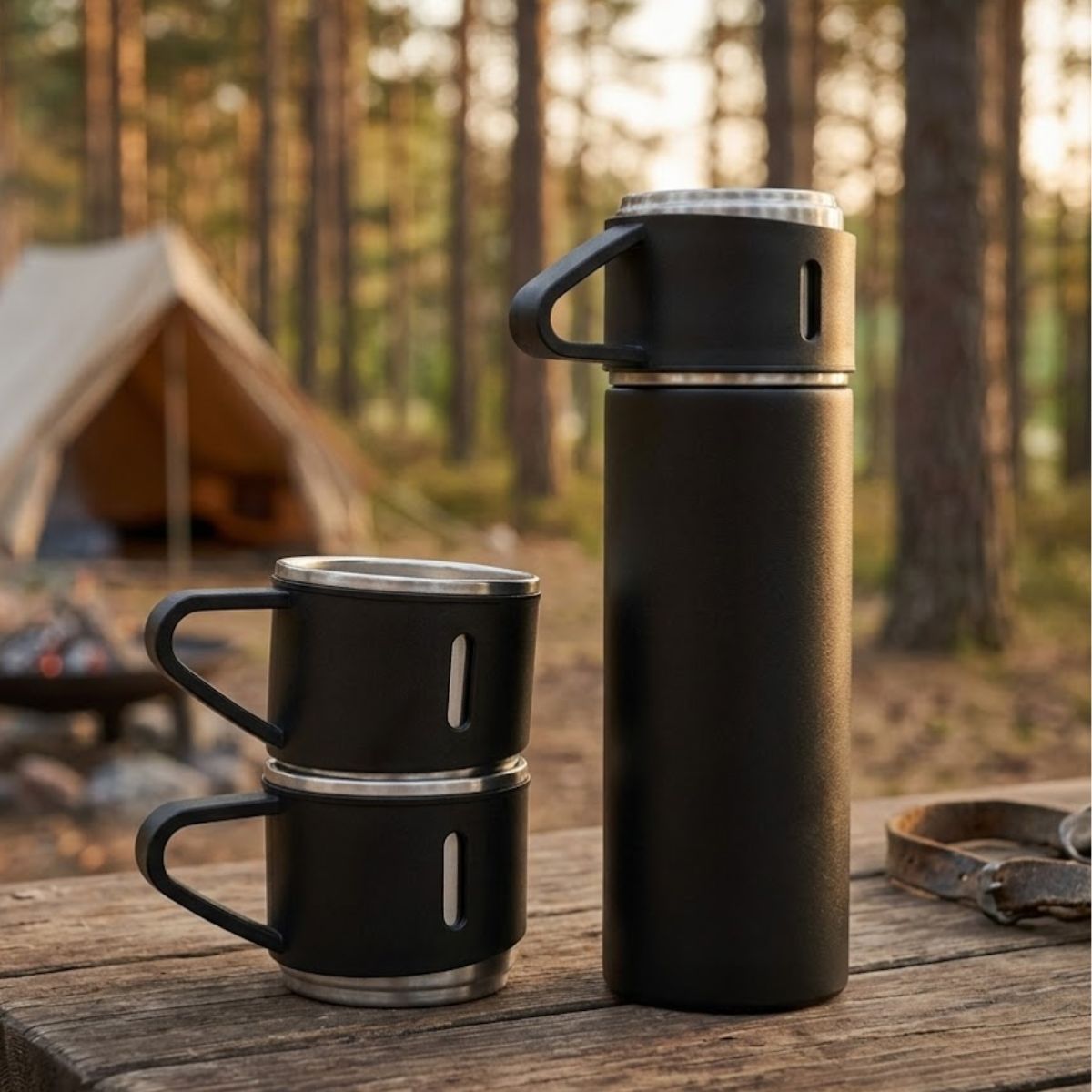 Swarg Kitchen Black Stainless Steel Vacuum Flask Set with 3 Steel Cups - Travel Friendly Hot & Cold Beverage Bottle Combo