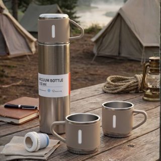 Swarg Kitchen Brown Stainless Steel Vacuum Flask Set with 3 Steel Cups - Travel Friendly Hot & Cold Beverage Bottle Combo