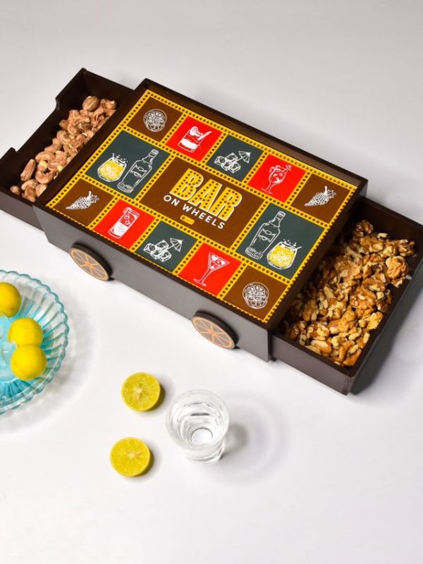 Indigifts Wooden Bar Trolly for Home Bar On Wheels Quotes Printed Bar Trolley - Wooden Bar Trolley| Bar Table Trolley| Bar Tray for Gifts| Serving Bar Tray for Decorations| Gifts Set for Friends - Image 4