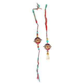 ACCESSHER Unisex Traditional Kundan and Pearls Embedded Bhaiya Bhabhi Rakhi Set/Designer Rakhi & Gifting with Roli Kumkum Packets & Happy Rakshabandhan Card