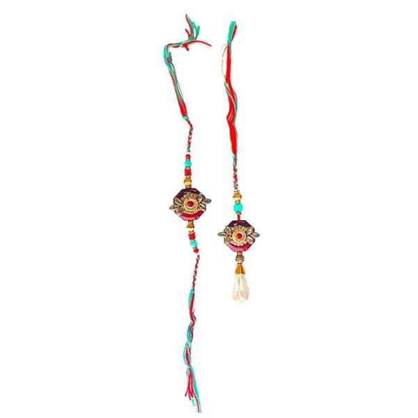 ACCESSHER Unisex Traditional Kundan and Pearls Embedded Bhaiya Bhabhi Rakhi Set/Designer Rakhi & Gifting with Roli Kumkum Packets & Happy Rakshabandhan Card