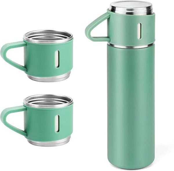 Stainless Steel Vacuum Flask Set with 3 Steel Cups Combo for Coffee Hot Drink and Cold | Water Flask Bottle | Travel Friendly | Latest Ideal Gift for Festive Season, Family Gifting Green in Colour - Image 3