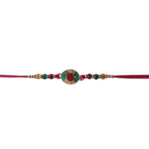 ACCESSHER Traditional Multicolour Menakari Om/Aum Rakhi for Beloved Brother & Gifting with Roli Kumkum Packets & Happy Rakshabandhan Card