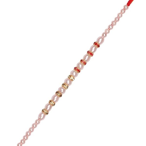 ACCESSHER Traditional Elegant and Stylish Pearl Beaded Rakhi for Brother Pack of 1 with Roli Kumkum Packets and Happy Rakshabandhan Card - Image 4