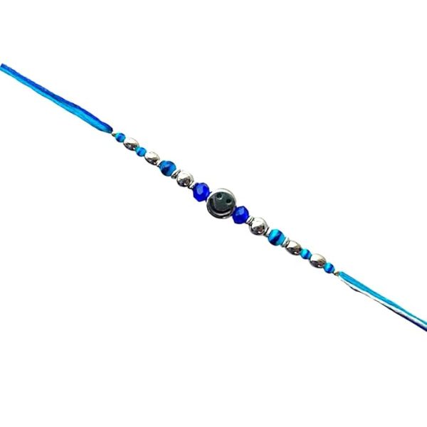 ACCESSHER Delicate Blue Beads Rakhi with Smiley Face for Beloved Brother, Kids Pack of 1/ Gifting with Roli Kumkum Packets & Happy Rakshabandhan Card - Image 4