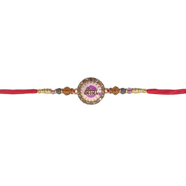 ACCESSHER Mens Purple Meenakari Work Quirky VEERA Text Rakhi for Beloved Brother & Gifting with Roli Kumkum Packets & Happy Rakshabandhan Card (Purple)