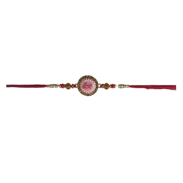 ACCESSHER Mens Pink Meenakari Work Quirky VEERA Text Rakhi for Beloved Brother & Gifting with Roli Kumkum Packets & Happy Rakshabandhan Card (Pink) - Image 3