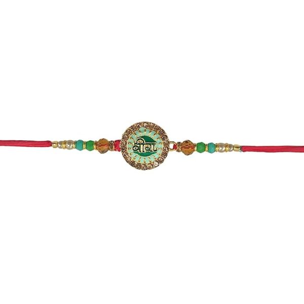 ACCESSHER Unisex Green Meenakari Work Quirky VEERA Text Rakhi for Beloved Brother & Gifting with Roli Kumkum Packets & Happy Rakshabandhan Card (Green)