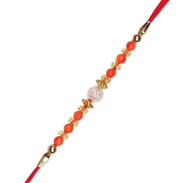 ACCESSHER Traditional Orange Beads Rakhi for Brother Pack of 1 with Roli Kumkum Packets & Happy Rakshabandhan Card - Image 3
