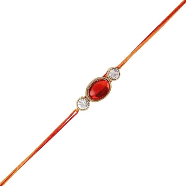 ACCESSHER Red Ruby Rhinestones Kundan Work Designer Rakhi for Brother Pack of 1 with Roli, Kumkum Packets and Happy Rakshabandhan Card || Latest Rakhi for Brother - Image 3