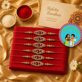 ACCESSHER Semi-Precious Stone Studded Delicate Rakhi - Gift Set with Roli, Kumkum & Greeting Card (Pack of 6)
