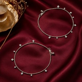 ACCESSHER Silver-Tone Crystal Charm Anklet Set for Women & Girls | Delicate Dangle Payal Pair (Set of 2)
