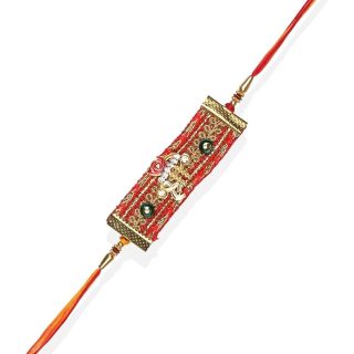 ACCESSHER Traditional Elegant Religious Shree Multicolor Fabric Design Rakhi for Brother Pack of 1 with Roli Kumkum Packets & Happy Rakshabandhan Card