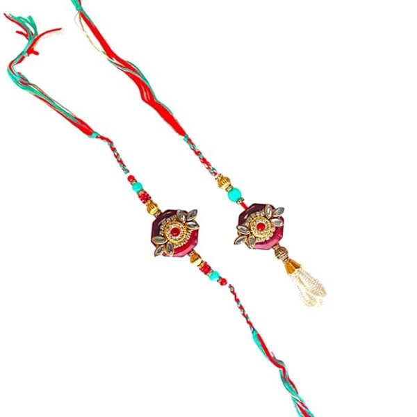 ACCESSHER Unisex Traditional Kundan and Pearls Embedded Bhaiya Bhabhi Rakhi Set/Designer Rakhi & Gifting with Roli Kumkum Packets & Happy Rakshabandhan Card - Image 3