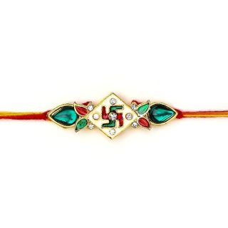 ACCESSHER Mens Traditional Design Deity Inspired Swastik Meenakari Rakhi for Beloved Brother Pack of 1 with Roli Kumkum Packets and Happy Rakshabandhan Card