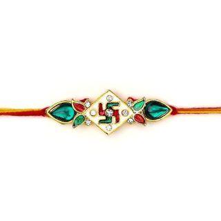 ACCESSHER Mens Traditional Design Deity Inspired Swastik Meenakari Rakhi for Beloved Brother Pack of 1 with Roli Kumkum Packets and Happy Rakshabandhan Card