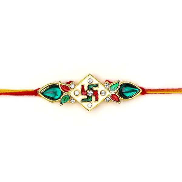 ACCESSHER Mens Traditional Design Deity Inspired Swastik Meenakari Rakhi for Beloved Brother Pack of 1 with Roli Kumkum Packets and Happy Rakshabandhan Card