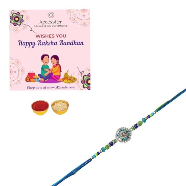 ACCESSHER Mens Traditional Meenakari/Enamel Work Delicate Rakhi for Beloved Brother & Gifting with Roli Kumkum Packets & Happy Rakshabandhan Card - Image 4