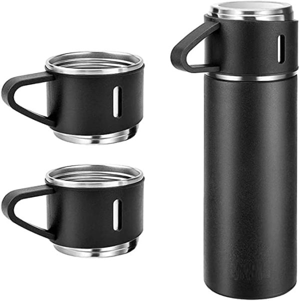 Stainless Steel Vacuum Flask Set with 3 Steel Cups Combo for Coffee Hot Drink and Cold | Water Flask Bottle | Travel Friendly | Latest Ideal Gift for Festive Season, Family Gifting Black in Colour) - Image 5