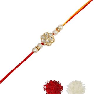 ACCESSHER Mens Traditional Special Handmade White Floral Kundan Rakhi with Beads for Brother Pack of 1 with Roli Kumkum Packets and Happy Rakshabandhan Card for Raksha Bandhan