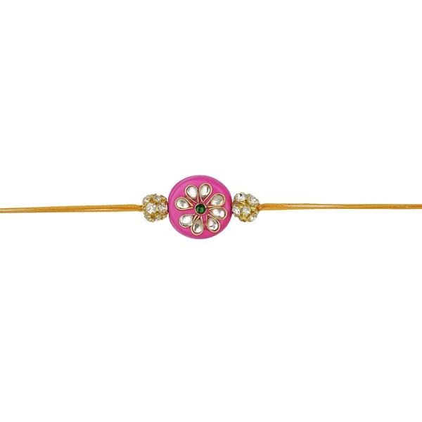 ACCESSHER Mens Traditional Pink Enamel Rhinestone Kundan Rakhi for Brother Pack of 1 with Roli Kumkum Packets and Happy Rakshabandhan Card | Latest Rakhi for Brother - Image 4