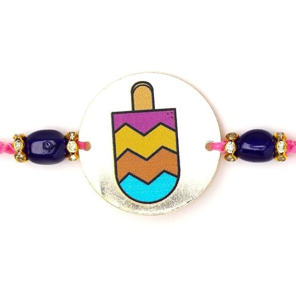 ACCESSHER Quirky Style Printed Candy Design Metallic Soft Edges For kids Rakhi for Brother Pack of 1 with Roli Kumkum Packets and Happy Rakshabandhan Card - Image 5