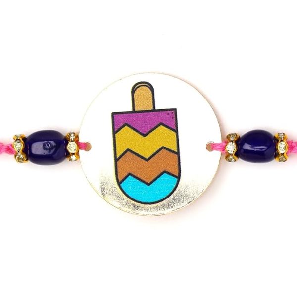 ACCESSHER Quirky Style Printed Candy Design Metallic Soft Edges For kids Rakhi for Brother Pack of 1 with Roli Kumkum Packets and Happy Rakshabandhan Card - Image 2
