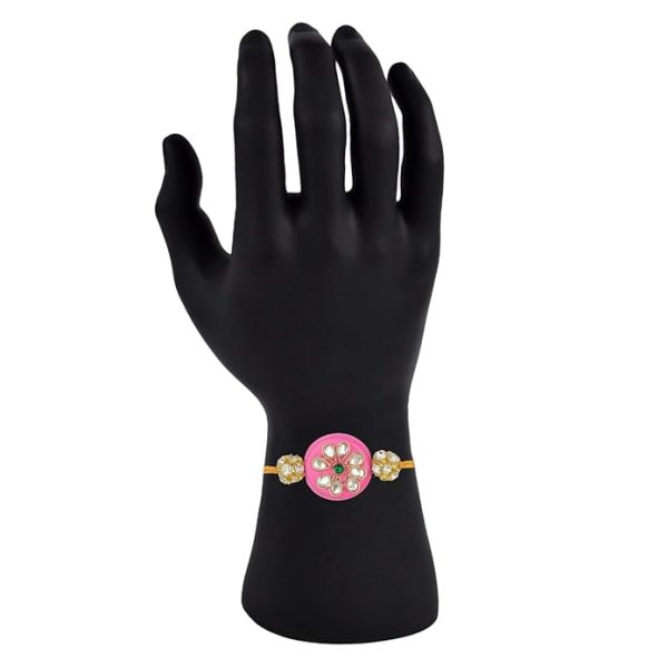 ACCESSHER Mens Traditional Gold Plated Elegant and Stylish Pink Beaded Rakhi for Beloved Brother Pack of 3 with Roli Kumkum Packets and Happy Rakshabandhan Card - Image 5