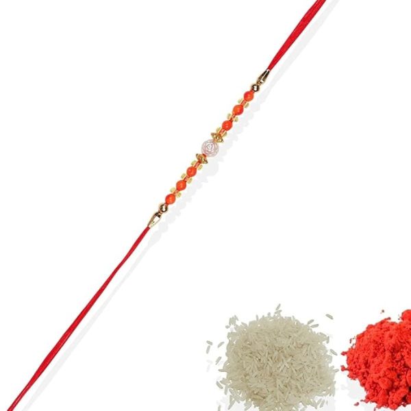 ACCESSHER Traditional Orange Beads Rakhi for Brother Pack of 1 with Roli Kumkum Packets & Happy Rakshabandhan Card - Image 2