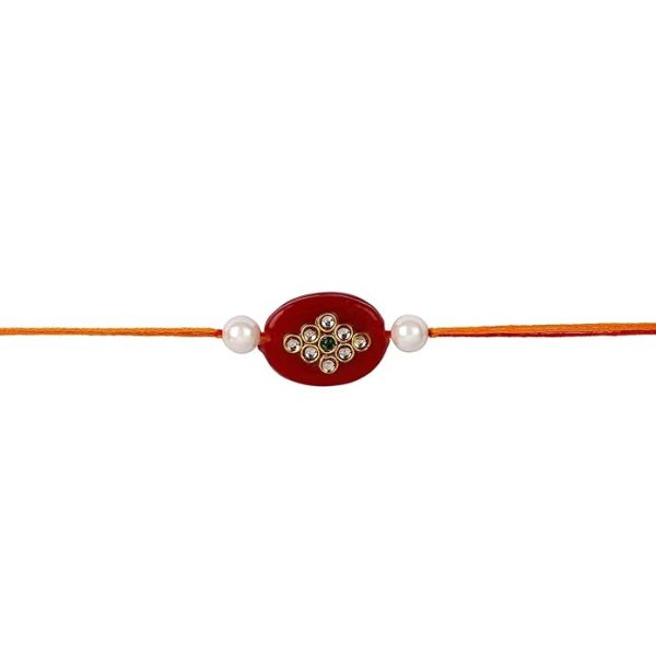 ACCESSHER Mens Traditional Gold Plated Stylish Maroon Beads/Pearl Rakhi for Beloved Brother Pack of 1 with Roli Kumkum Packets and Happy Rakshabandhan Card - Image 2