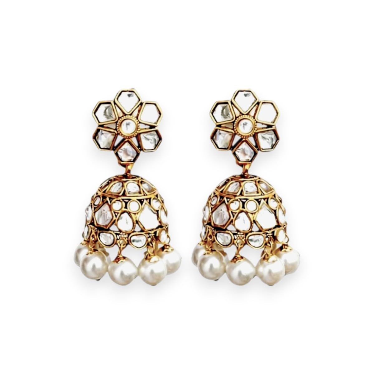 Accessher Gold Plated Floral Jhumki Earrings with Kundan Detailing - Traditional Ethnic Design - Image 7