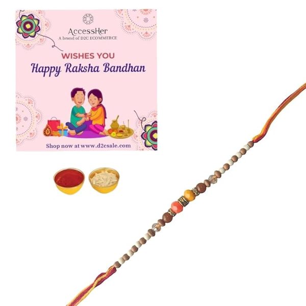 ACCESSHER Traditional Delicate Beads Rakhi for Beloved Brother, Kids and Gifting with Roli Kumkum Packets & Happy Rakshabandhan Card (Pack of 1) - Image 3