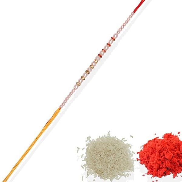 ACCESSHER Traditional Elegant and Stylish Pearl Beaded Rakhi for Brother Pack of 1 with Roli Kumkum Packets and Happy Rakshabandhan Card - Image 3