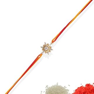ACCESSHER Mens Traditional Gold Plated Elegant and Stylish Rhinestones Rakhi for Beloved Brother Pack of 1 with Roli Kumkum Packets and Happy Rakshabandhan Card