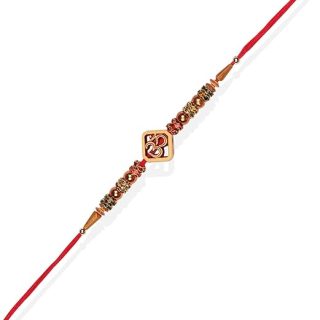 ACCESSHER Mens Traditional & Religious Quirky Wooden OM Rakhi for Brother Pack of 1 with Roli/Kumkum Packets, Rice and Happy Rakshabandhan Card