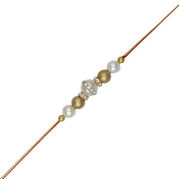 ACCESSHER Elegant and Stylish Pearl Beaded Rakhi for Beloved Brother with Acrylic Peacock Pooja Thali, Roli Kumkum Packets and Happy Rakshabandhan Card - Image 5