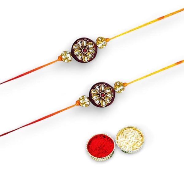 ACCESSHER Traditional Gold Plated Elegant and Stylish Blue Beaded Rakhi for Beloved Brother Pack of 2 with Roli Kumkum Packets and Happy Rakshabandhan Card - Image 2
