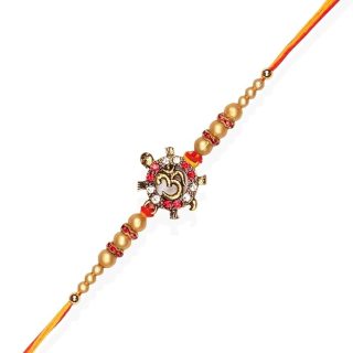 ACCESSHER Elegant Deity Inspired Religious OM Design Rakhi for Brother Pack of 1 with Roli Kumkum Packets & Happy Rakshabandhan Card