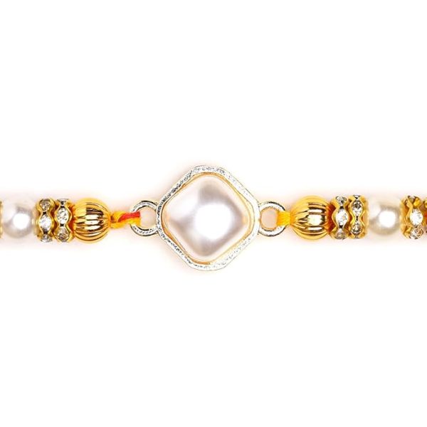 ACCESSHER Mens Traditional Gold Plated Elegant Fresh Water Pearl Rakhi for Beloved Brother Pack of 1 with Roli Kumkum Packets, and Happy Rakshabandhan Card - Image 2