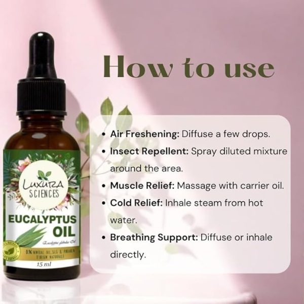Luxura Sciences Eucalyptus Essential Oil for Hair Skin Nails and Aromatherapy 15ml Soothing and Refreshing Oil for Relaxation Scalp Care Massage Diffuser and DIY Skincare - Image 3