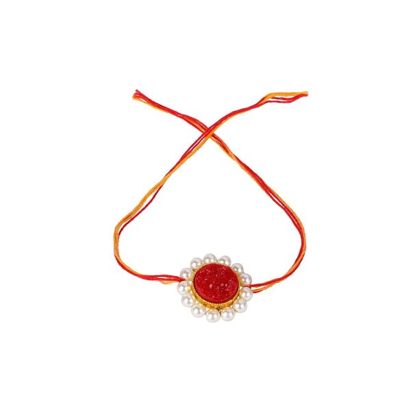 Accessher Traditional Stylish Quirky Druzy Stone Pearl Rakhi for Brother Pack of 1 with Metal Pooja Thali, Roli/Kumkum Packets, Rice and Happy Rakshabandhan Card. - Image 2