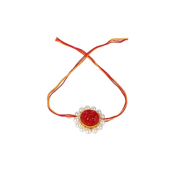 Accessher Traditional Stylish Quirky Druzy Stone Pearl Rakhi for Brother Pack of 1 with Metal Pooja Thali, Roli/Kumkum Packets, Rice and Happy Rakshabandhan Card. - Image 3