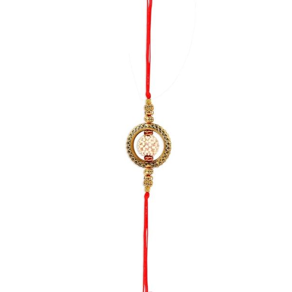ACCESSHER Mens Traditional Gold Plated Bhaiyya Bhabhi Pearl Lumba Rakhi for Beloved Brother Set of 2 with Roli Kumkum Packets and Happy Rakshabandhan Card - Image 4