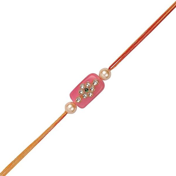 ACCESSHER Mens Traditional Gold Plated Latest Pink Kundan Work Designer Rakhi for Beloved Brother Pack of 6 with Roli Kumkum Packets and Happy Rakshabandhan Card | Fancy Rakhi for Brother - Image 5