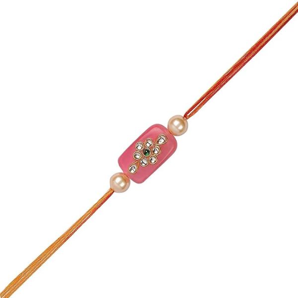ACCESSHER Mens Traditional Gold Plated Latest Pink Kundan Work Designer Rakhi for Beloved Brother Pack of 1 with Roli Kumkum Packets and Happy Rakshabandhan Card - Image 3