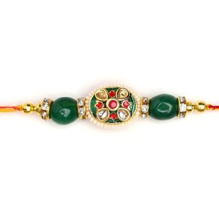 ACCESSHER Mens Traditional Gold Plated Semi Precious Stones Meenakari Rakhi for Beloved Brother Pack of 1 with Roli Kumkum Packets and Happy Rakshabandhan Card