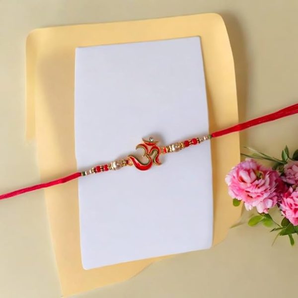 ACCESSHER Mens Traditional Meenakari Embedded Delicate Om/Aum Rakhi for Beloved Brother & Gifting with Roli Kumkum Packets & Happy Rakshabandhan Card - Image 5
