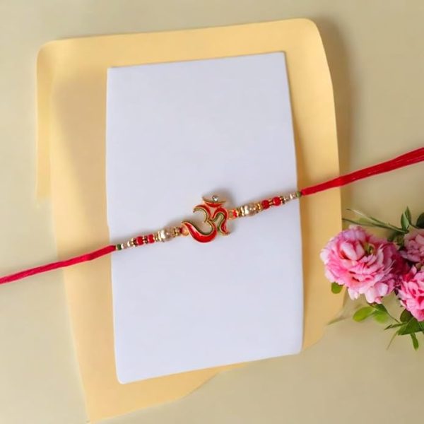 ACCESSHER Mens Traditional Meenakari Embedded Delicate Om/Aum Rakhi for Beloved Brother & Gifting with Roli Kumkum Packets & Happy Rakshabandhan Card - Image 2