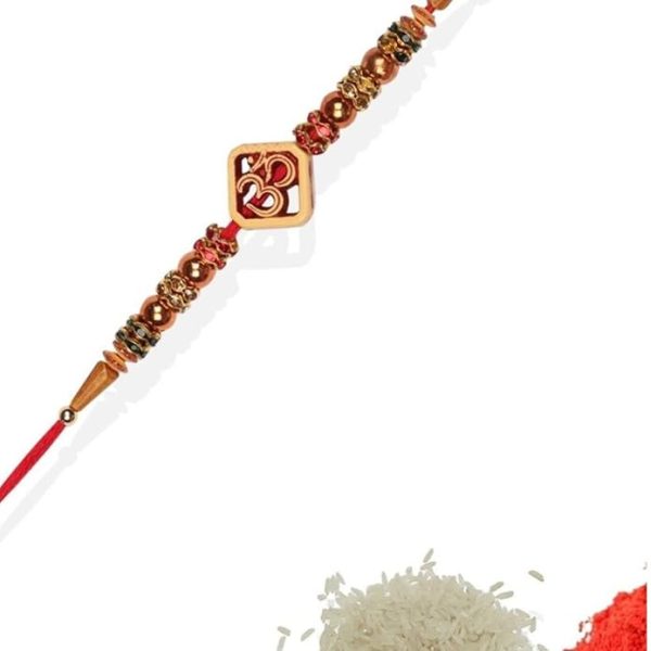ACCESSHER Mens Traditional Elegant Wooden Finish OM with Rudraksh Rakhi for Beloved Brother Pack of 3 with Roli Kumkum Packets and Happy Rakshabandhan Card - Image 2